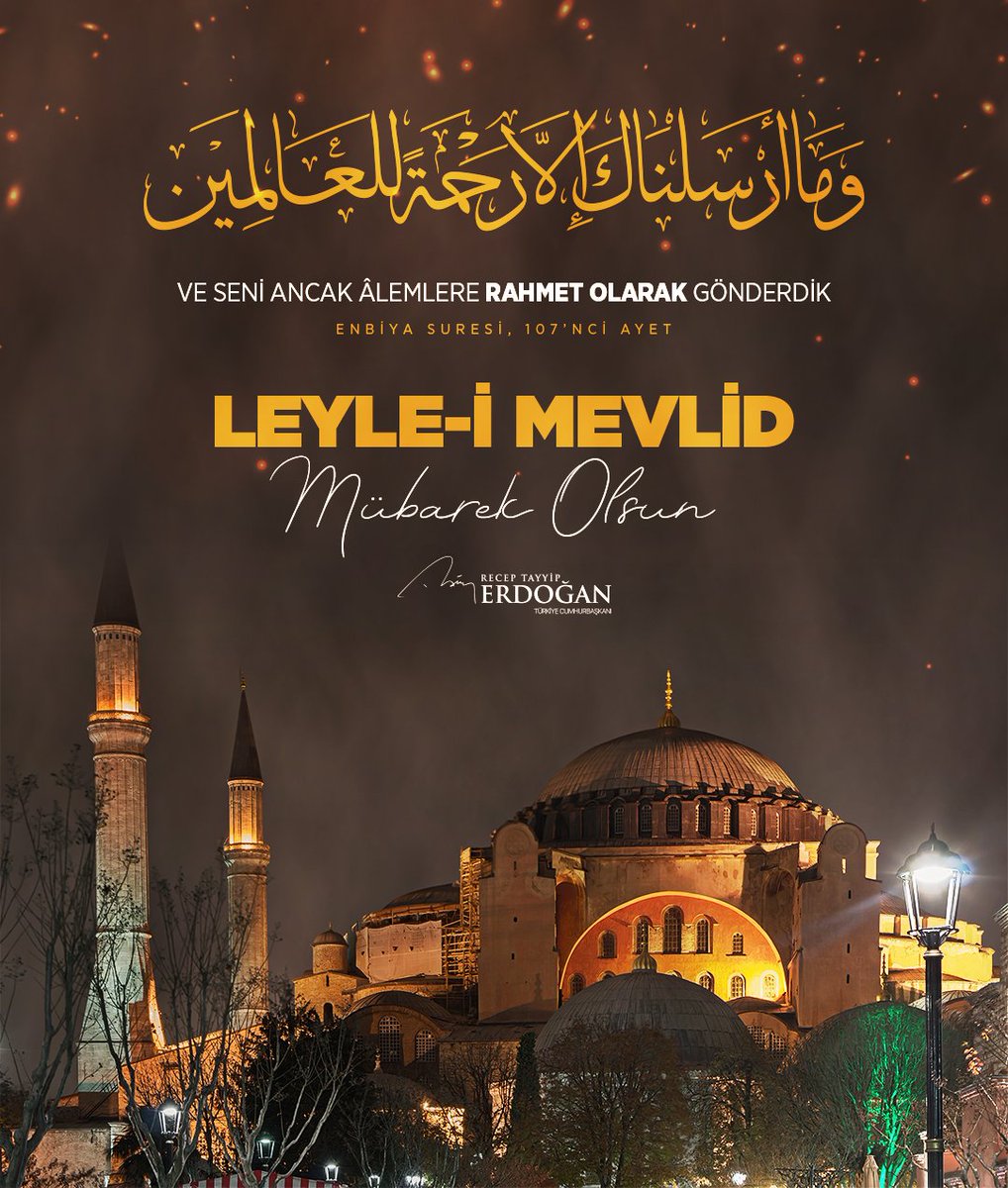 rterdogan_ar's tweet photo. نهنئ شعبنا والعالم الإسلامي بمناسبة ذكرى المولد النبوي الشريف، ونسأل الله عز وجل أن يعيد هذه الليلة المباركة التي شهدت مولد رسولنا الكريم رحمة للعالمين، باليمن والبركات على الإنسانية جمعاء. https://t.co/khM0tauM08