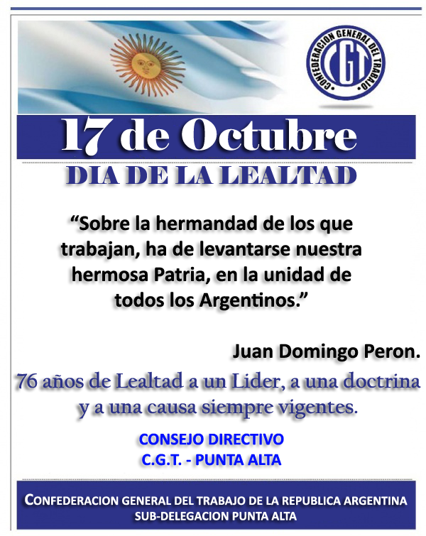 CGTPuntaAlta's tweet photo. Siempre, lealtad con los leales.
¡Feliz Día Compañeras y Compañeros!
#Lealtad #17DeOctubre https://t.co/7Ifeg472jD