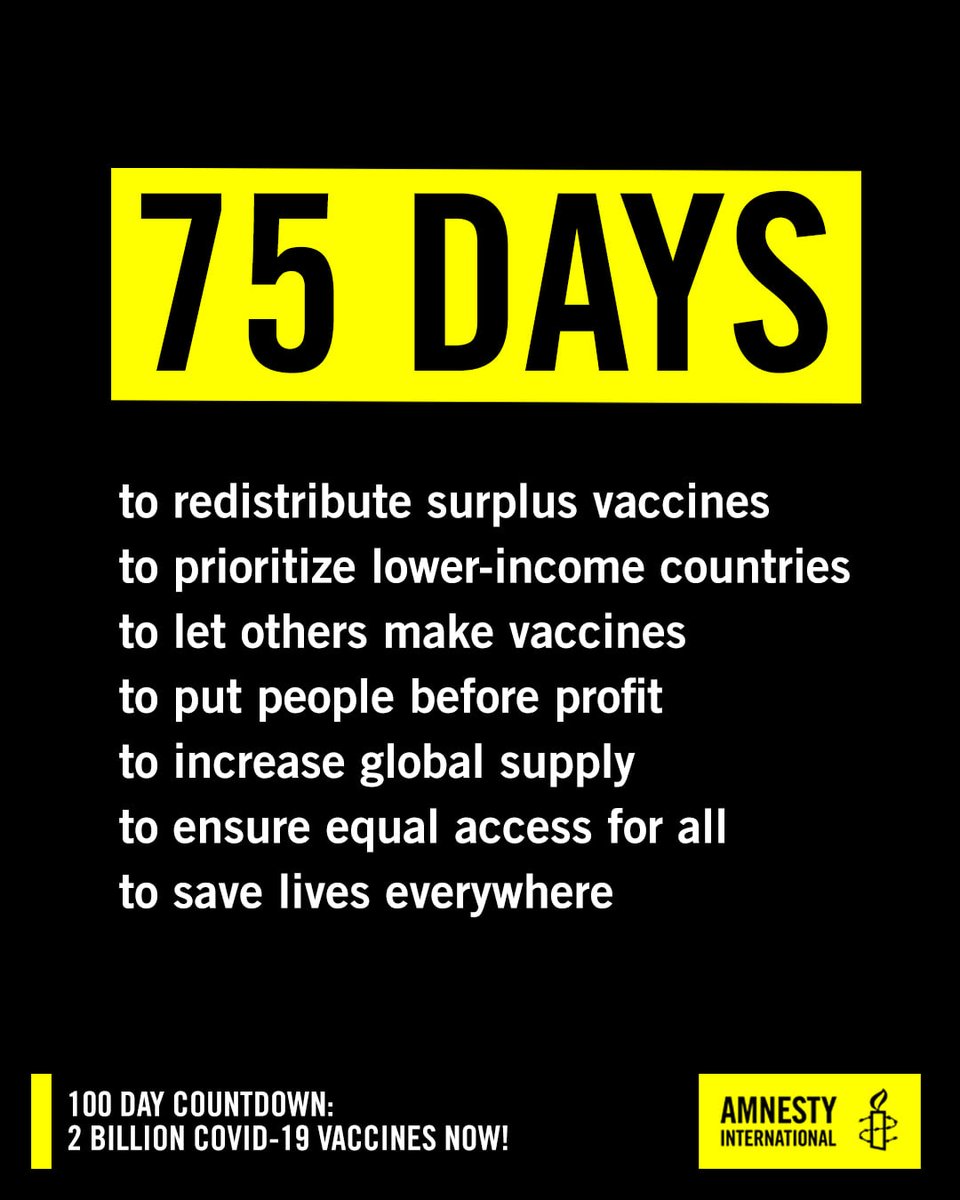 amnesty's tweet photo. We challenge G20 leaders to urgently redistribute surplus Covid-19 vaccines &amp; help deliver 2 billion doses to lower-income countries before the end of the year. We only have 75 days left. With thousands dying every day, the world cannot wait.

#100DayCountdown⏰ https://t.co/Me6HsIodT2