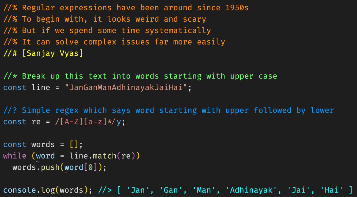 SanjayVyas's tweet image. Some developers are mortally scared of RegExp
RegExp looks weird and scary but if we learn it systematically, it becomes second nature.
Here is one which splits text in proper case into different words
#javascript #regexp