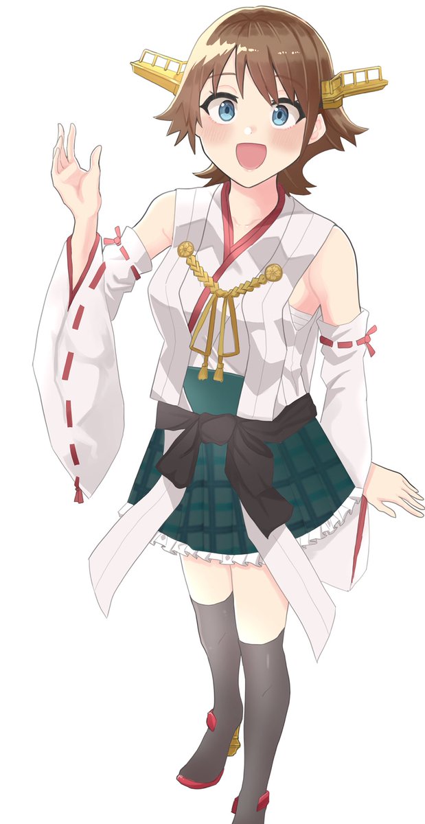 hiei (kancolle) 1girl solo short hair brown hair skirt ribbon-trimmed sleeves headgear  illustration images