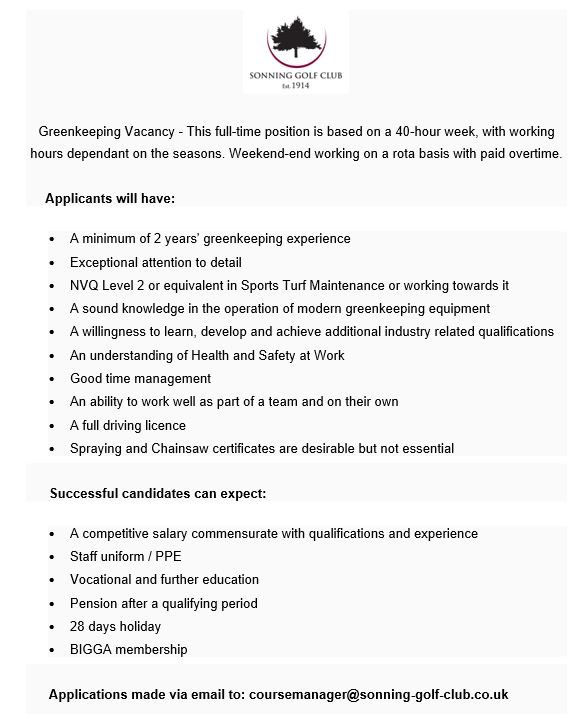 Greenkeeping Vacancy <a href="/SonningGolfClub/">Sonning Golf Club</a>  We look forward to welcoming a new addition to our Team! ⛳️