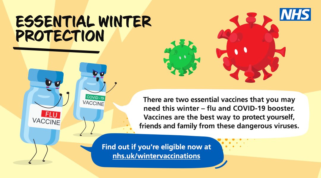 HarrowEastPCN's tweet photo. When you are eligible, please remember to get your #COVID19 booster &amp; #flu vaccinations this winter, to help protect yourself &amp; others 💉❄️ https://t.co/ZF4lzlCOGE