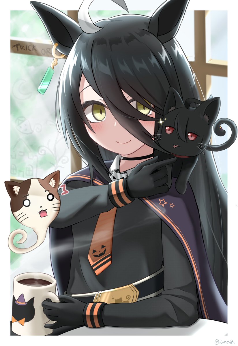 manhattan cafe (umamusume) 1girl cat cup animal ears long hair black hair coffee mug  illustration images
