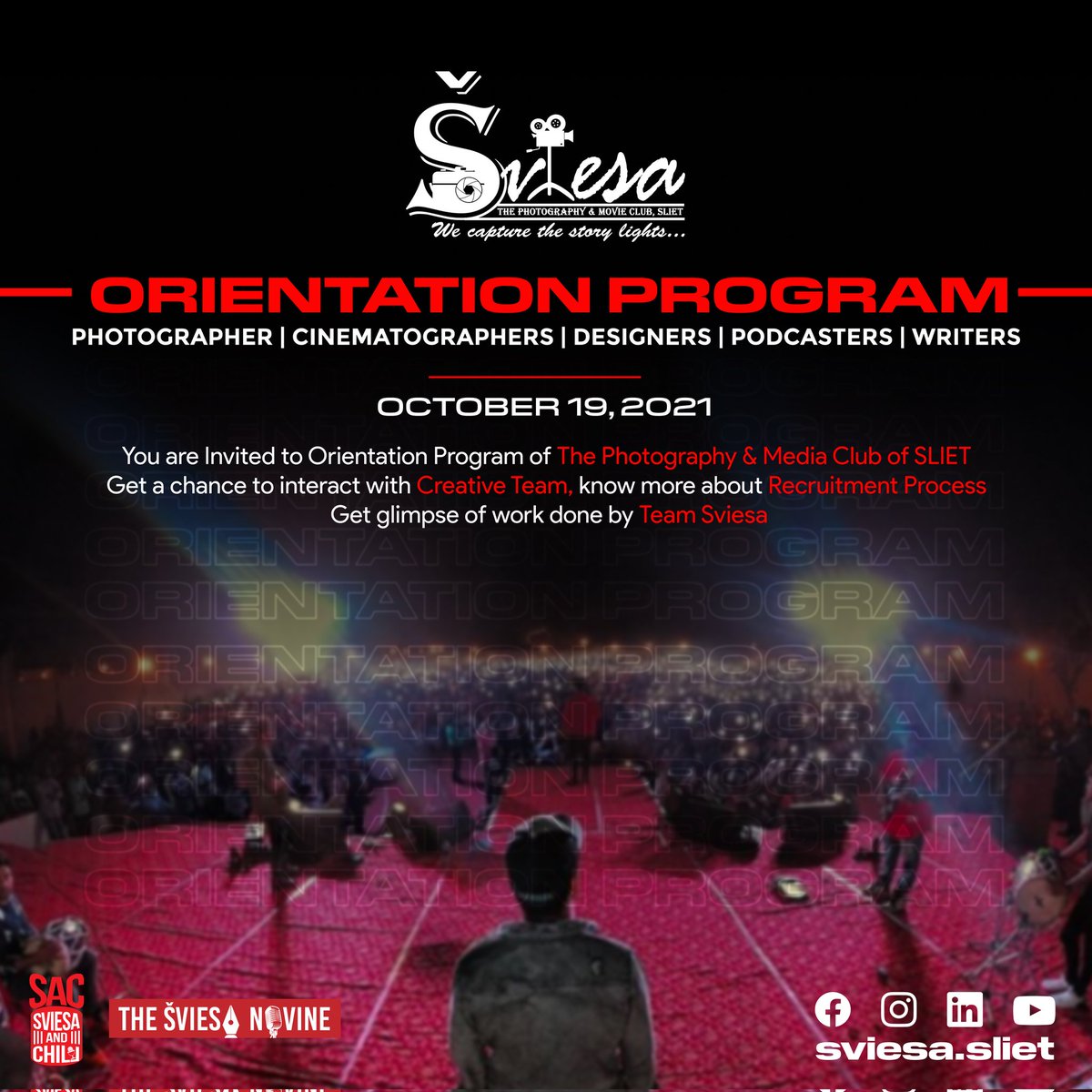 Sliet_helpdesk's tweet photo. Join Sviesa Orientation Program on 19th October 2021..
#slietlongowal
#sliet #engineering
#photography
#cinematography #graphicdesign
#WeCapture TheStoryLights
#Sviesa ThePMC Sliet
#KeepClickingKeepLearning https://t.co/pnPKDYXN5p