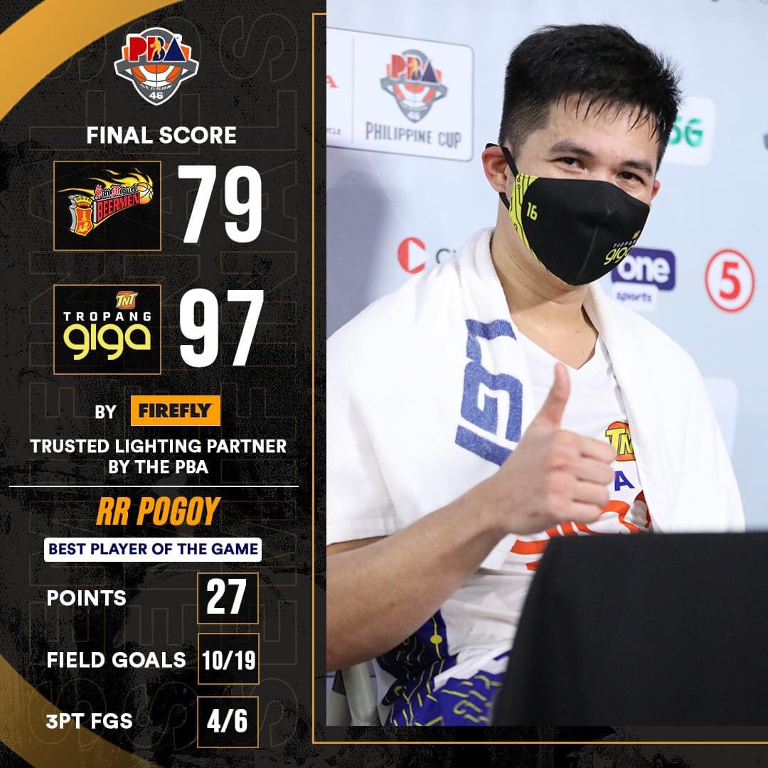 pbaconnect's tweet photo. TNT is #PBAFinals bound! 

RR Pogoy is Best Player of the Game with 27 points, 10/19 FGs and 4/6 3PT FGs.

By @FireflyLEDPH - Trusted Lighting Partner by the PBA

#PBAItuloyAngLaban https://t.co/gSRvdE7A0x