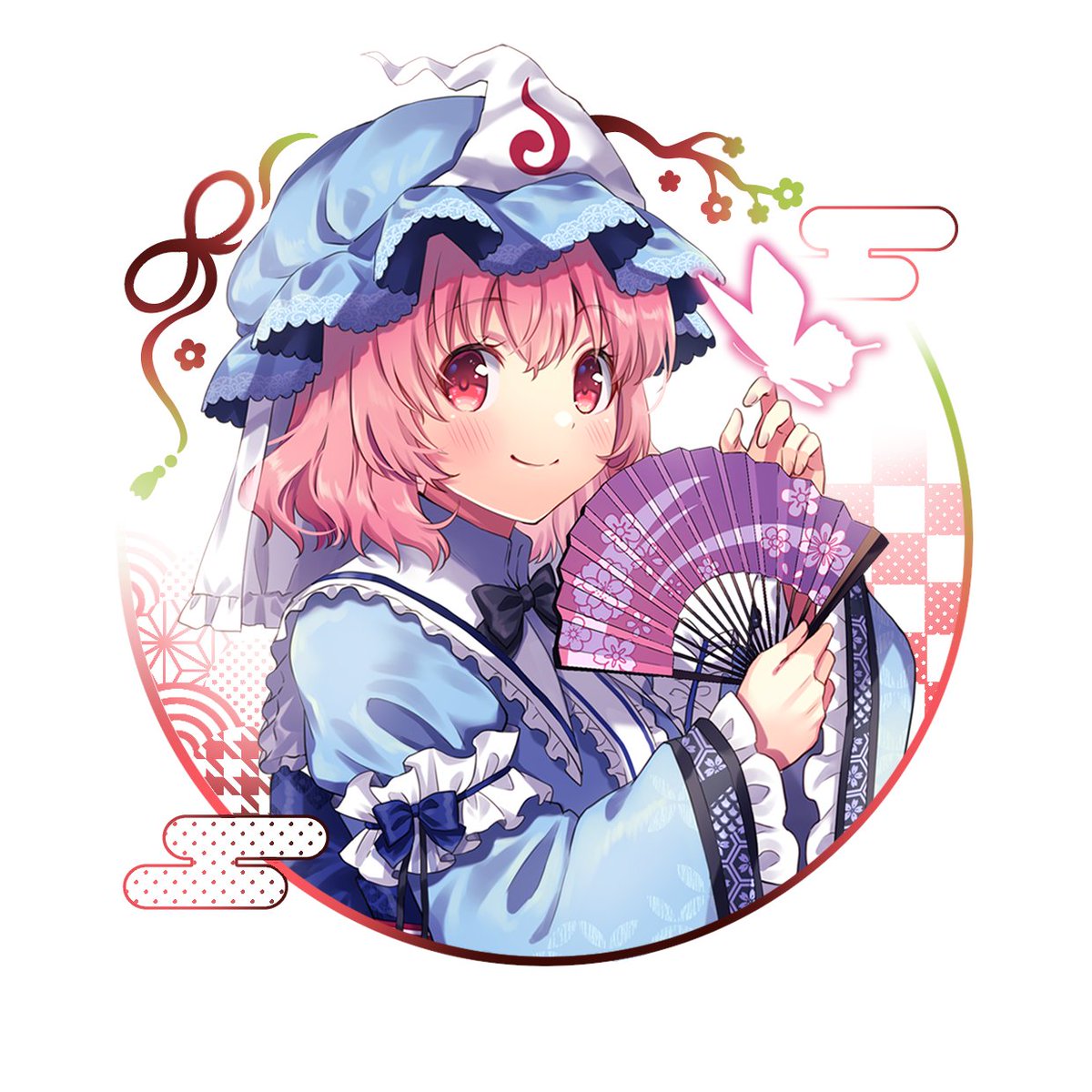 saigyouji yuyuko 1girl pink hair solo hat hand fan smile mob cap  illustration images