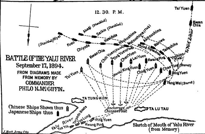 黄海海戦で単縦陣で進む連合艦隊に対し北洋艦隊が横陣で衝角戦を挑んだわけだが。清国海軍が古臭いのではなく、リッサ海戦の戦訓から「衝角戦最強論」みたいなのが各国海軍に支持されていたわけで。当時東洋最強だった定遠級装甲艦からして主砲4門全てを前方に指向できる衝角戦向きの構造になってる。 