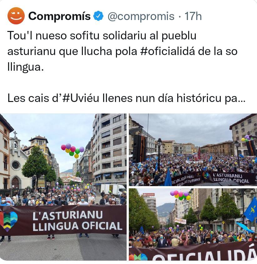 Ferran's tweet photo. Dicen que el asturianu es una lengua que lucha por su oficialidad, y @compromis se solidariza, mientras en su propia casa, #Valencia, denigran una auténtica y multisecular lengua de cultura, la valenciana, y la reducen a dialecto de una neolengua ajena. Incoherencia friki. https://t.co/0GzKf4oaBw