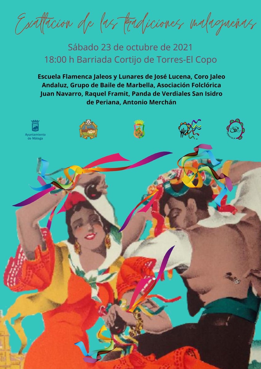 FMPLaAlcazaba's tweet photo. ➡️ EXALTACIÓN DE LAS TRADICIONES MALAGUEÑAS 
La Peña Cortijo de Torre acoge el sábado 23 de octubre un acto de Exaltación de las Tradiciones Malagueñas.  
Con la colaboración del Área de Fiestas del Ayuntamiento de Málaga y la Federación Malagueña de Peñas. https://t.co/iqdPsEHzfQ