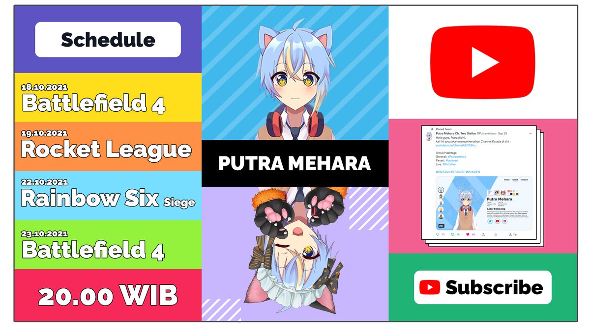 Putramehara's tweet photo. Jadwal Mingguan live streaming telah tiba. 

General: #Putramehara
Fanart: #putraart
Live: #Putralive 
Youtube : https://t.co/dBk3yPCmVs

#IDVTuber #VTuberID  #VtuberEN https://t.co/KpYm5rxUPV