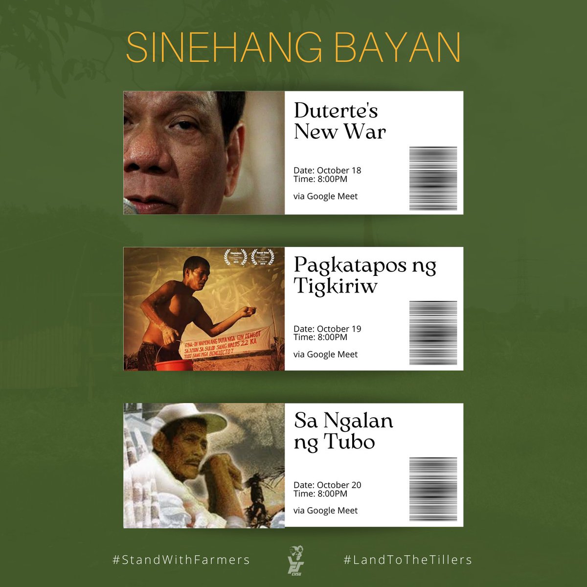 LFSCvSU's tweet photo. HALINA SA SINEHANG BAYAN!

Ngayong buwan ng mga pesante inihahandog ng League of Filipino Students - CvSU ang mga dekalidad na dokyumentaryong tumutukoy sa materyal na kondisyon ng mga pesante't magsasaka sa ating lipunan. 

(1/2) https://t.co/hAqckBWLhR