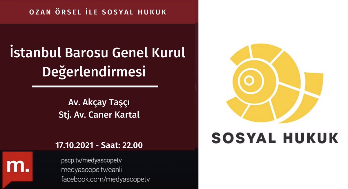 SosyalHukuk’ta bugün 22.00’da: 
İstanbul Barosu Genel Kurul Değerlendirmesi, Ozan Örsel’in <a href="/ozanrsel/">Ozan Örsel</a> konukları, Av. Akçay Taşçı <a href="/baytasci/">akçay taşçı</a> ile Stj. Av. Caner Kartal @ckartal21