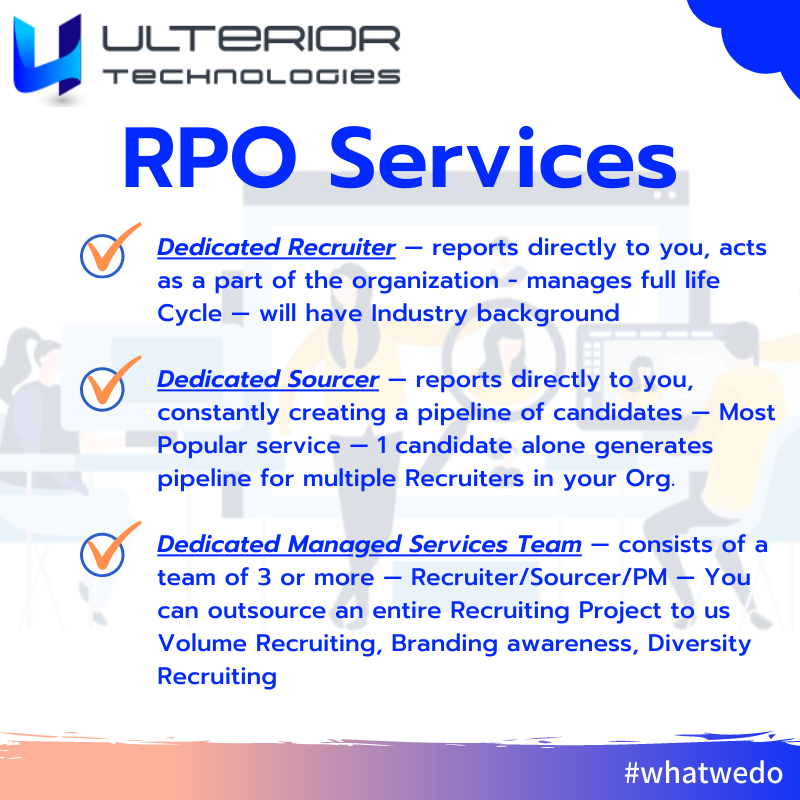 👉 RPO Services at Ulterior Technologies
For more details contact us at sales@ulteriortechnologies.com 
#recruitmentprocessoutsourcing #staffingagency #staffingindustry #staffingandrecruiting #staffingservices #staffingcompany #rpo #rposervices #recruitment #ulteriortechnologies