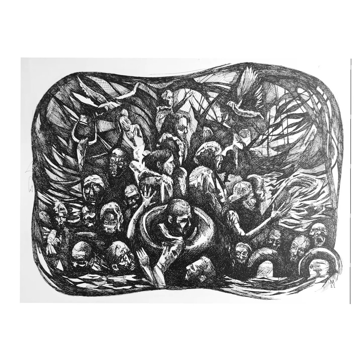 Latest drawing. "RULES THE WAVES" , pen on paper A3 . See faring refugees. Showing the fragility of life and that we haven't made as much progress as we like to think.