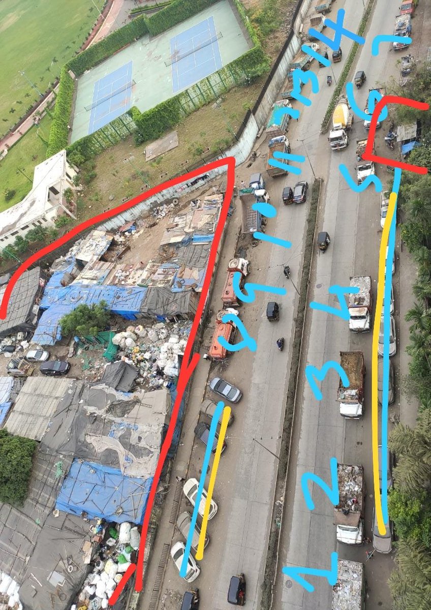 veeraresidents's tweet photo. Blue dumping trucks, yellow illegal car parks, red encroachment. 
We have raised this with @mybmcwardKW several times but no respite @OfficeofUT @AUThackeray @LavekarBharati @MumbaiPolice @MumbaiCitizen3 @Veeradesainews @AndheriLOCA @MumbaiPolice #stopdumping #saveveeradesai https://t.co/uJTODWr8cr