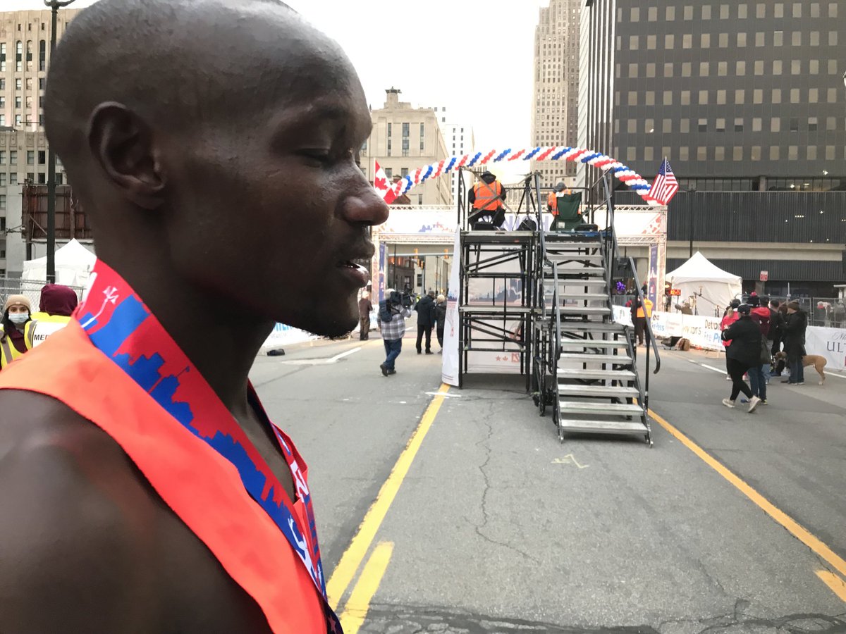 #FreepMarathon winner of the  Half Marathon: John Elimlim of Kenya savors the feeling.