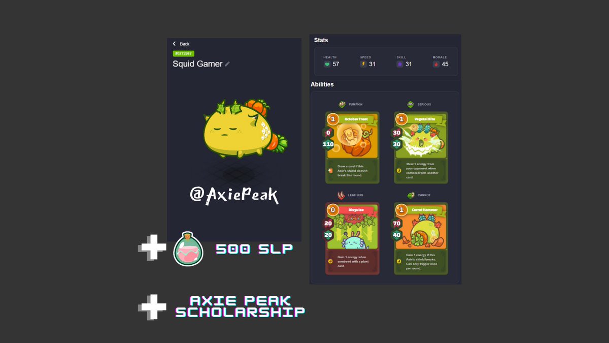 HUGE GIVEAWAY

🎉💥In celebration of launching our YouTube channel, we are giving away:💥🎉
1. SCHOLARSHIP
2. PLANT AXIE
3. 500 $SLP

To enter:
✅1. Like &amp; Retweet this post
✅2. Subscribe to our channel and like our first video
youtube.com/channel/UCAoK7…
_

Ends in 10 days!⏰