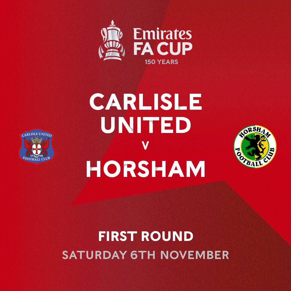 Horsham FC (@horshamfc) on Twitter photo 🏆 𝗙𝗔 𝗖𝗨𝗣 𝗗𝗥𝗔𝗪
We will travel to <a href="/officialcufc/">Carlisle United</a> in the <a href="/EmiratesFACup/">Emirates FA Cup</a> first round!
Tie to be played on the weekend of November 6th.
#HorshamFC 💛💚 🏆 𝗙𝗔 𝗖𝗨𝗣 𝗗𝗥𝗔𝗪
We will travel to <a href="/officialcufc/">Carlisle United</a> in the <a href="/EmiratesFACup/">Emirates FA Cup</a> first round!
Tie to be played on the weekend of November 6th.
#HorshamFC 💛💚