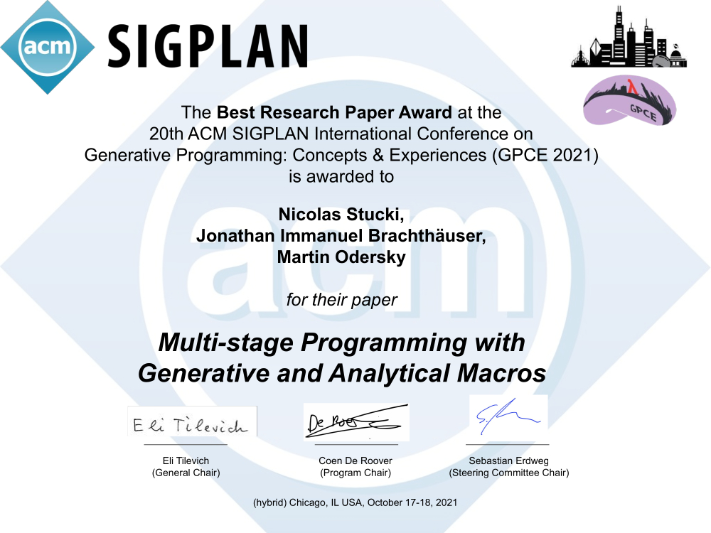 GPCECONF's tweet photo. Congratulations to Nicolas Stucki, Jonathan Brachthäuser, and Martin Odersky!  Their outstanding work has earned the Best Research Paper Award at GPCE 2021!  
https://t.co/WYIxsDGxw9  
https://t.co/oDOwaUNIVx https://t.co/buapebGTwm