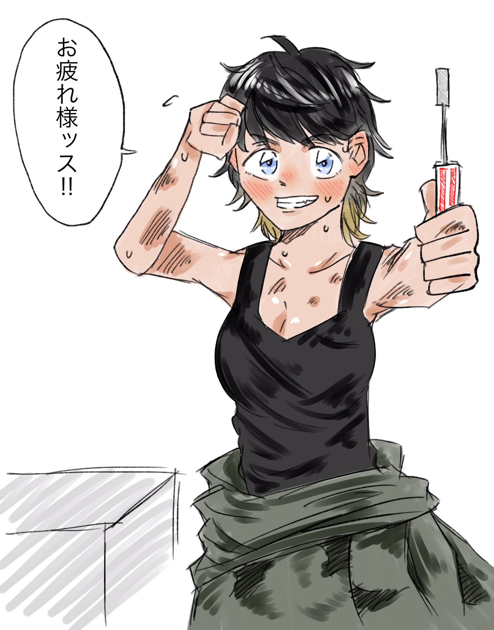 抹茶ヒロ お題箱 タンクトップのメカニックお姉さんです タイプは指定されて無かったので好みに描いたらやんちゃさんっぽくなりました でもお気に入りです お題箱 創作 イラスト T Co Rvqjci7aat Twitter