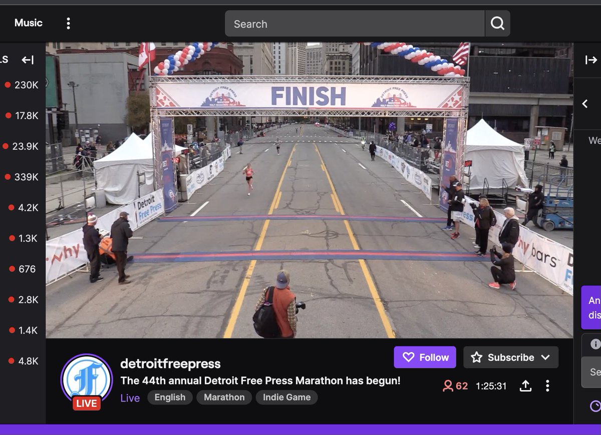 It’s <a href="/FreepMarathon/">Detroit Free Press Marathon</a> day! Follow our live stream straight from the finish line on <a href="/Twitch/">Twitch</a>; the full marathon winners will be crossing soon: twitch.tv/detroitfreepre…