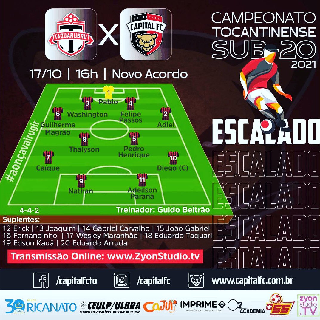 ESCALADO

Hoje o Rubro Negro do Tocantins vai até Novo Acordo, portal do Jalapão, enfrentar o Taquarussu pela 3a rodada do estadual Sub20.

Transmissão ao vivo no site ZyonStudio.tv às 16H

#aonçavairugir