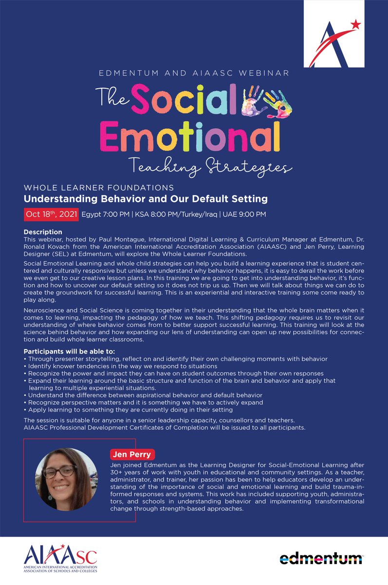 aiaascK12's tweet image. Last chance to join the webinar with @Edmentum tomorrow on the: "Whole Learner Foundations"
Please register in advance through this link: edmentum.zoom.us/.../WN_nJAxQvv…
Free attendance for AIAASC members.
#AIAASC
#InternationalAccreditation
#InternationalEducation