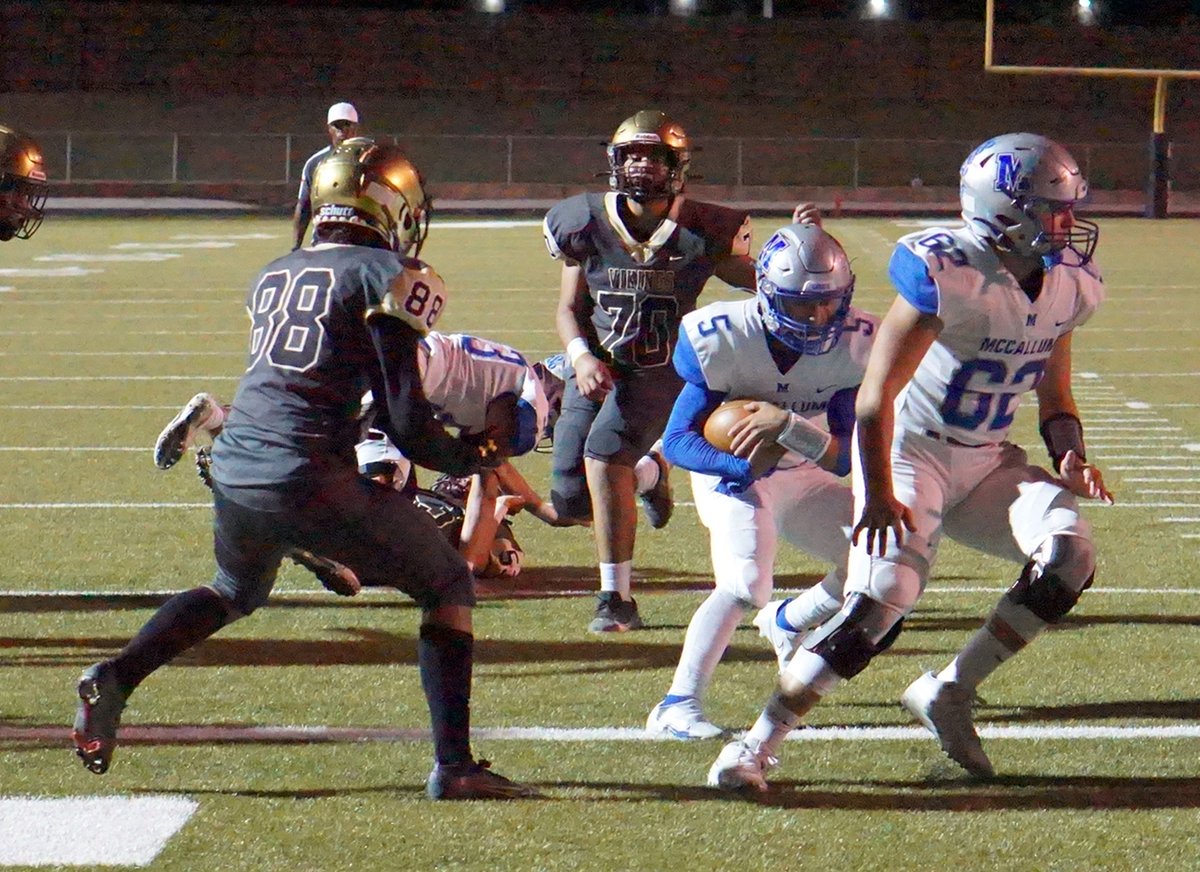 macstudentmedia's tweet photo. Quarterback Jaxon Rosales finds a path to the end zone for one of the @mac_knights' eight touchdowns during a 56-0 victory over Navarro on Friday night at Nelson Field. The Knights (4-3, 2-1) hope to continue their winning ways when they face Northeast on Thursday at House Park. https://t.co/SWnDoPxHz4