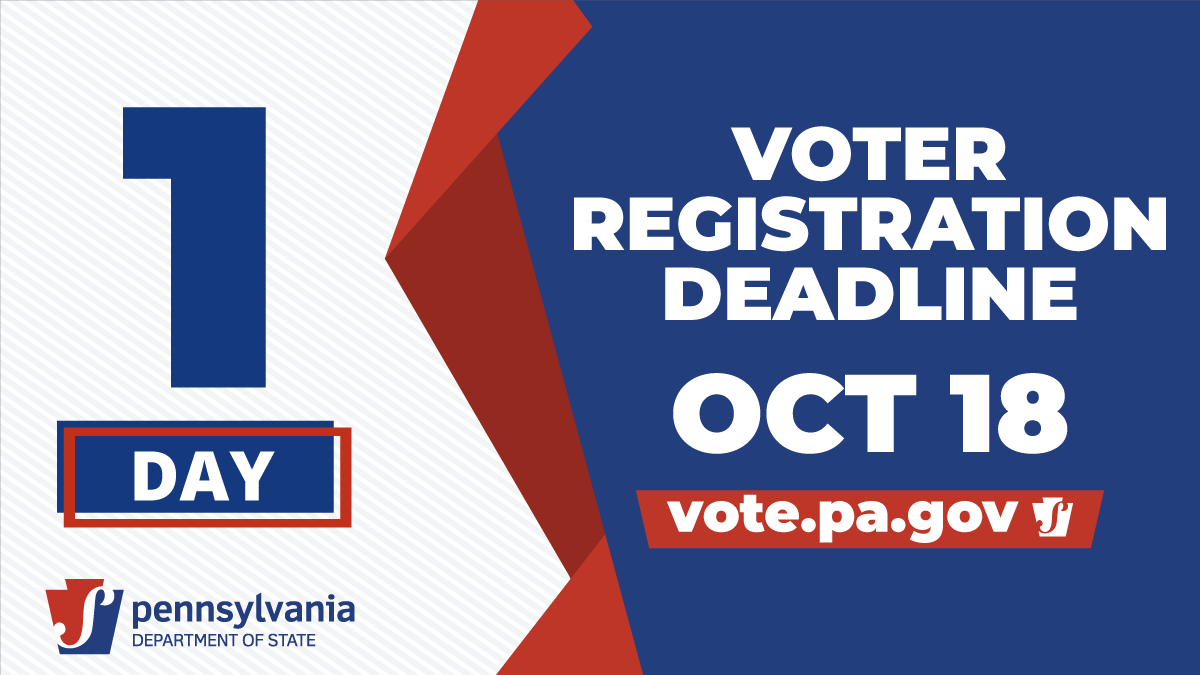 TOMORROW is the last day to register to vote or update your registration information. #ReadytoVotePA
Check your information &amp; status: vote.pa.gov/Status
Register or update your info: vote.pa.gov/Register