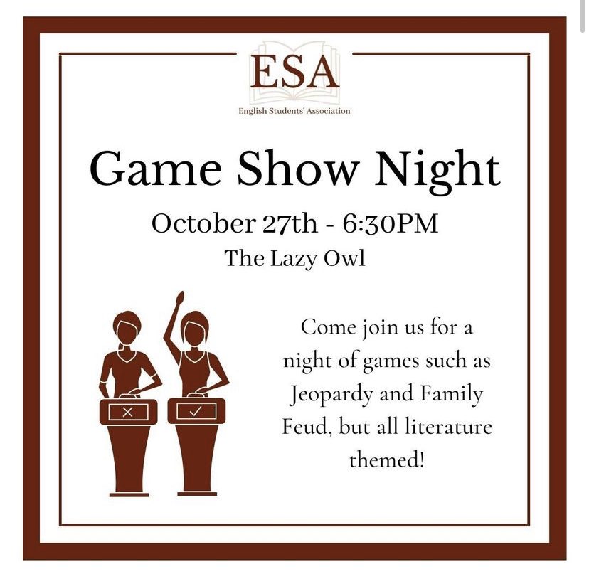 ESA_Regina's tweet photo. Come to The Owl on October 27th from 6:30PM - 8:00PM to play a variety of game shows all centered around literary/book themes! There will be a $5 fee at the door. Registration in our LinkTree! https://t.co/RMX38ff942