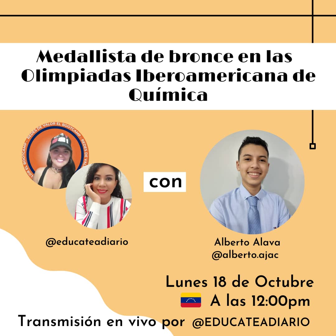 Acompáñanos éste Lunes 18/10 a las 12PM en un Instagram LIVE por <a href="/educateadiario/">@educateadiario</a> y conoce la inspiradora historia de éste joven talento venezolano Alberto Álava, que ganó para nuestro País una 🥇de bronce en las Olimpiadas Iberoamericanas de Química, con el apoyo de <a href="/avoquim/">AVOQUIM.</a>