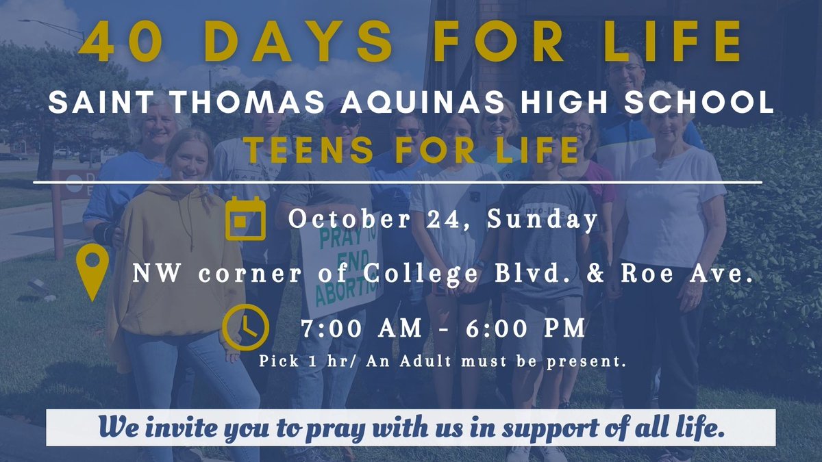 STAsaints's tweet photo. Join Teens for Life & sign up to participate in the 40-Days for Life this Sunday, Oct. 24th. Signs & prayer materials will be available. Sign up here: https://t.co/KaZYmQRg72
#stasaints #amorvincitomnia #rightforlife #40daysforlife https://t.co/tBBICeSbAK