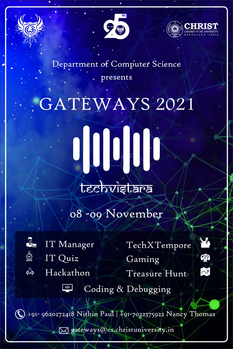 2020gateways's tweet photo. “Unveiling the first glimpse of our National IT Fest”
25th Gateways 2021 @Christ,Bangalore

#GATEWAYS2019 #techvistara #ITfest #techFest #developers #stayTuned https://t.co/2esdwJDMtb
