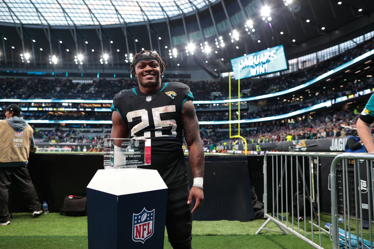 RB <a href="/Robinson_jamess/">James Robinson</a> was named the <a href="/NFLUK/">NFL fan in the UK</a> "Man of the Match" after rushing for 73 yards and one TD, marking his fourth consecutive game with a touchdown.