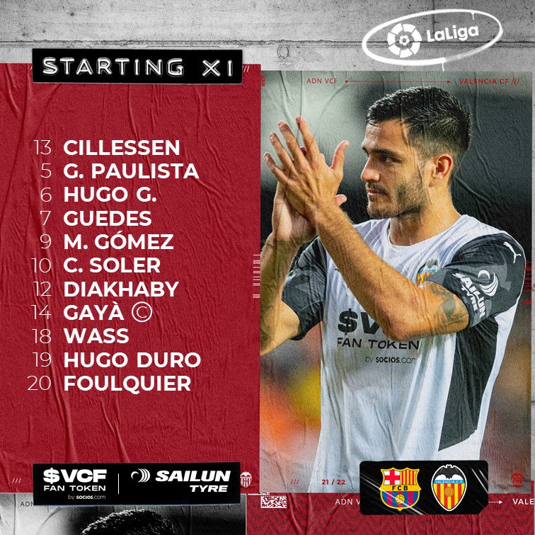 valenciacf's tweet photo. ⚽ XI INICIAL 🆚 @fcbarcelona_es

#BarçaValencia 🔵🔴🦇 https://t.co/QzuJKBNgBs