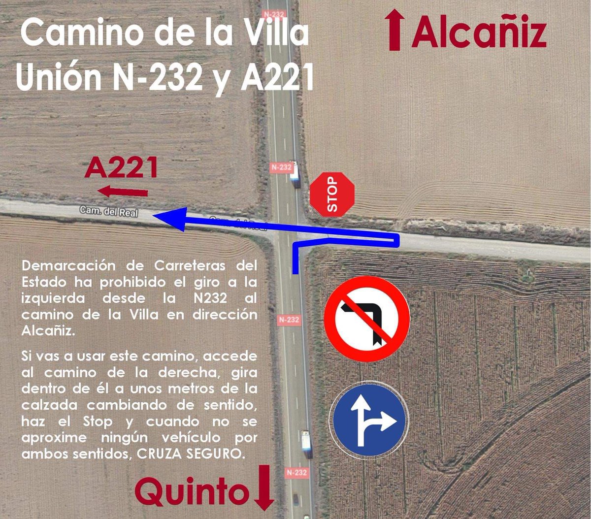 zafarache's tweet photo. INFORMACIÓN IMPORTANTE PARA USUARIOS DEL CAMINO DE LA VILLA.
Demarcación de Carreteras del Estado ha indicado que próximamente va a prohibir el giro a la izquierda en la N-232 dirección camino de la Villa. #ComarcaRiberaBajadelEbro https://t.co/i5t4b3UpGJ