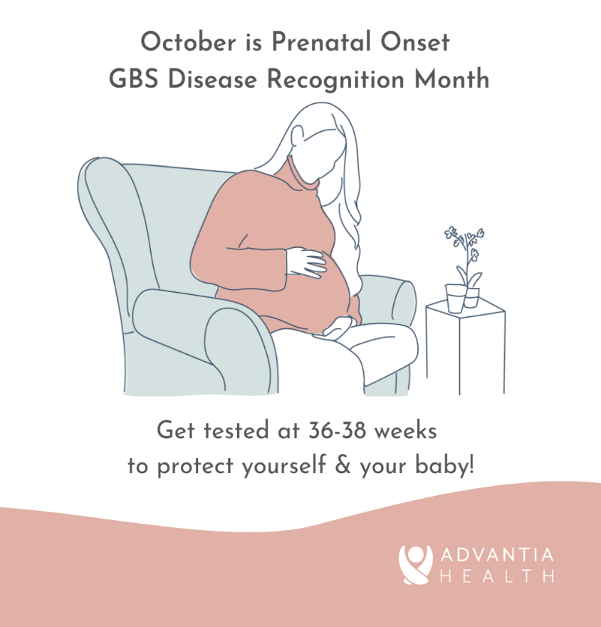 AdvantiaHealth's tweet photo. October is Prenatal Onset GBS Disease Recognition Month. According to the CDC, approximately 1 in 4 women carry GBS (Group B strep), which can be passed to their baby during pregnancy. To reduce the spread of GBS, our practitioners test for it at 36-38 weeks. https://t.co/PUDZ9WcJ8m