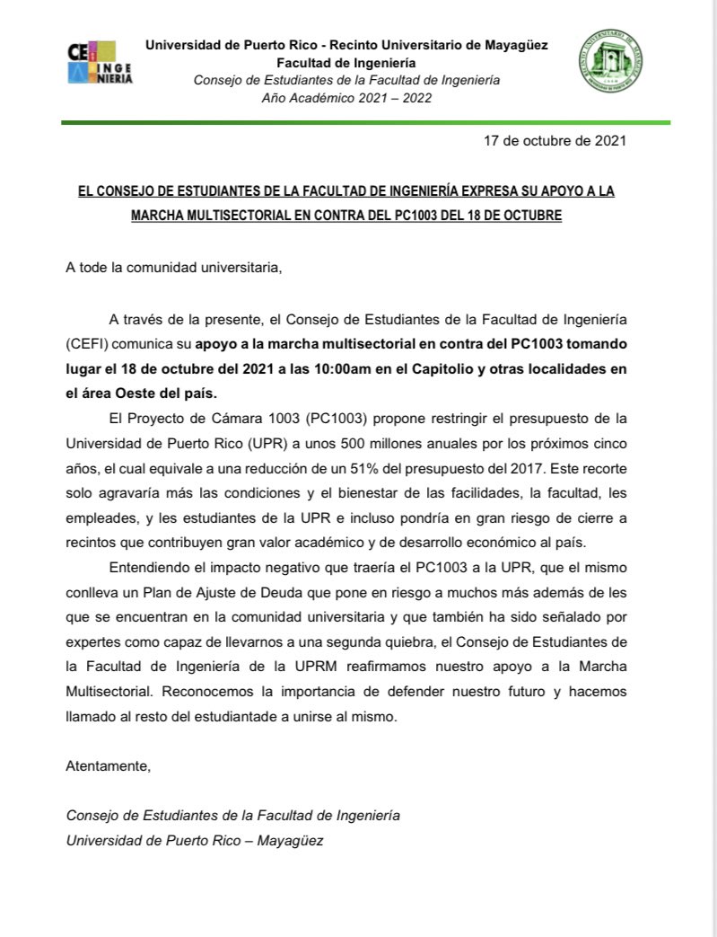 cefirum's tweet photo. [COMUNICADO]

El CEFI apoya la marcha multisectorial en contra del PC1003 tomando lugar el lunes, 18 de octubre del 2021 a las 10:00am en el Capitolio y otras localidades en el área Oeste del país.

⬇️ MÁS DETALLES ⬇️ https://t.co/bsZ8oowMW2