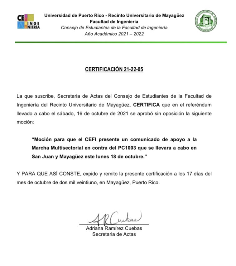 cefirum's tweet photo. [COMUNICADO]

El CEFI apoya la marcha multisectorial en contra del PC1003 tomando lugar el lunes, 18 de octubre del 2021 a las 10:00am en el Capitolio y otras localidades en el área Oeste del país.

⬇️ MÁS DETALLES ⬇️ https://t.co/bsZ8oowMW2