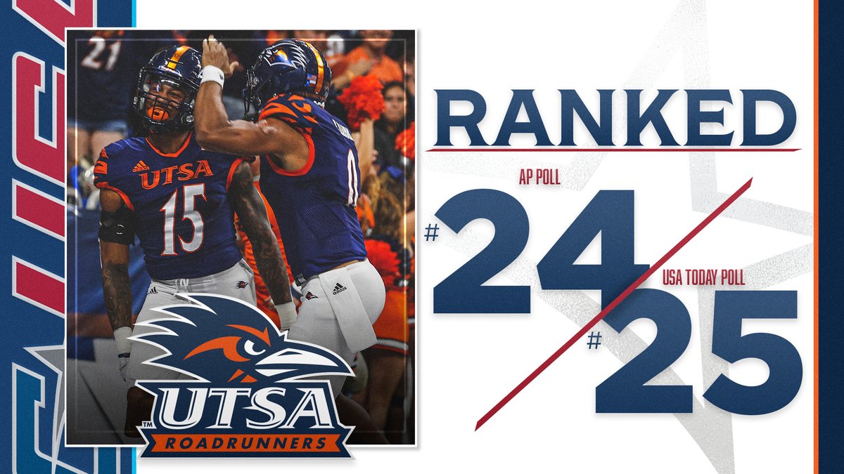 ConferenceUSA's tweet photo. 🤙 𝗥𝗔𝗡𝗞𝗘𝗗 🤙

For the first time in program history, @UTSAFTBL makes an appearance on the @usatodaysports and @AP_Top25 Poll!

#TheCUSAWay https://t.co/ewA3Dvd6yn