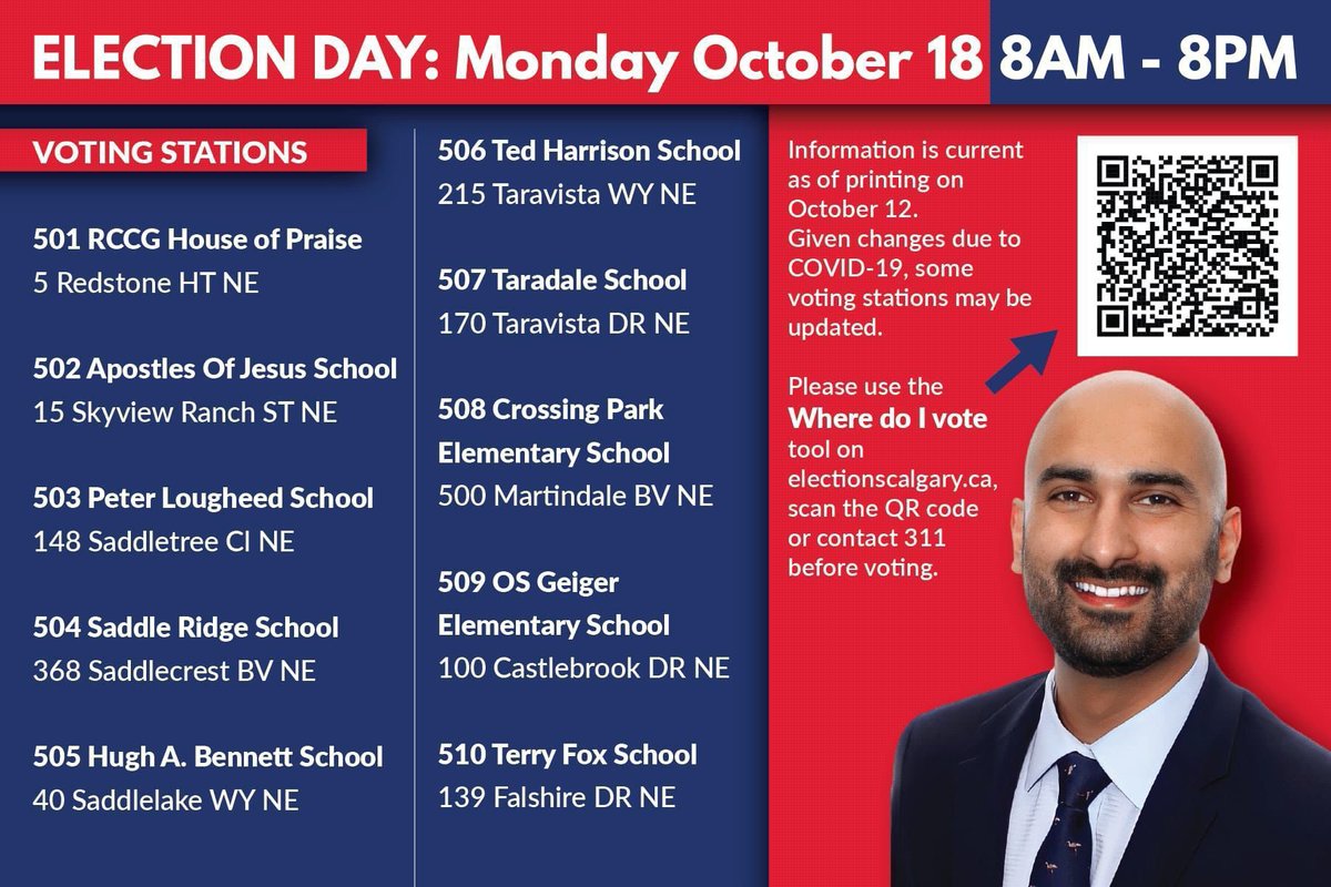 StanSandhu's tweet photo. It’s time to vote, Calgary! Tomorrow is the BIG day. Details on when and where to vote for Ward 5 are listed below. It’s a right and a privilege to vote. Let’s not waste this opportunity. Your voice matters. Your vote matters. Let’s advance NE Calgary forward. #TogetherWeCanW5 https://t.co/Orncnfa54H