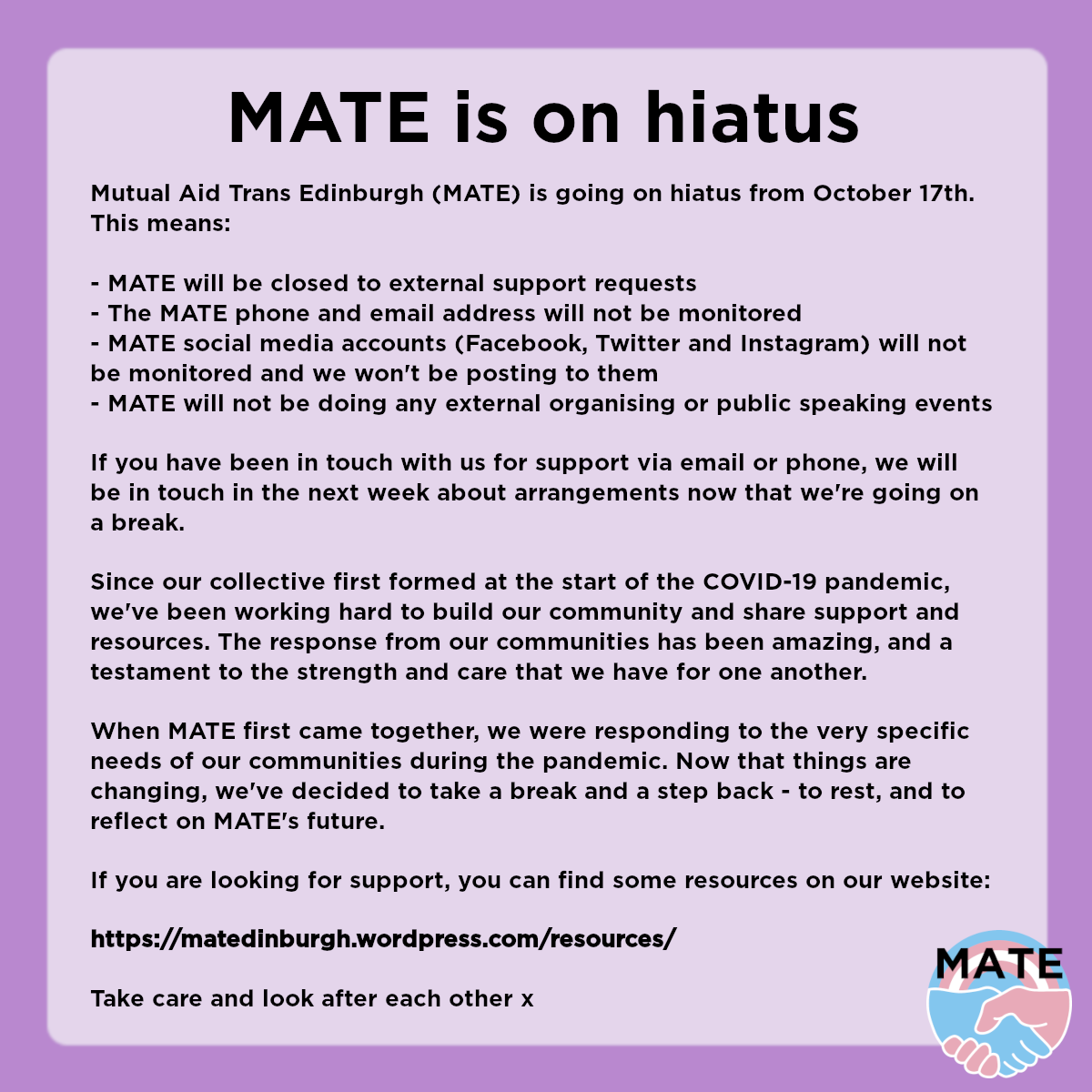 MATE - Mutual Aid Trans Edinburgh ON HIATUS tweet media