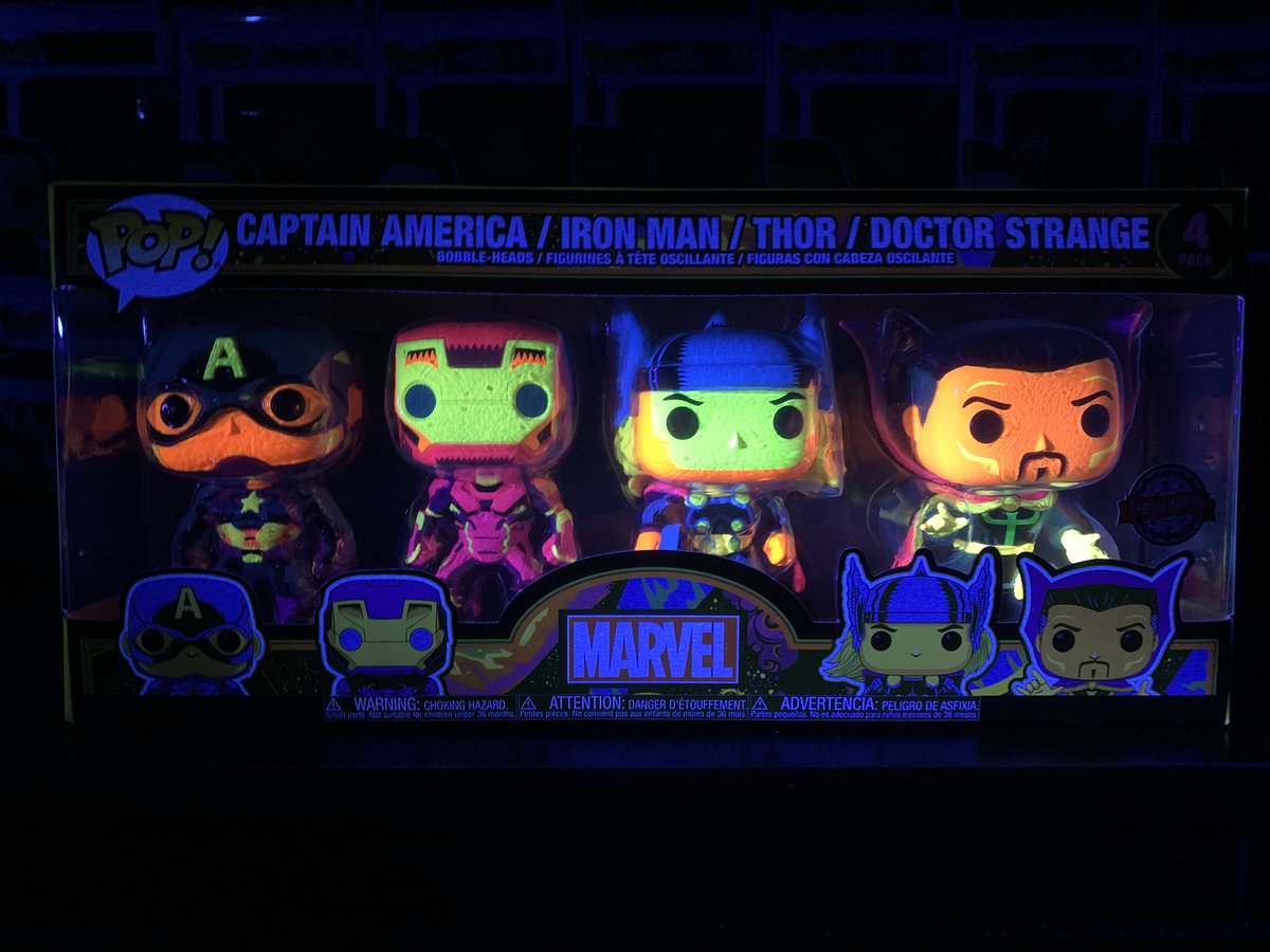 hmvLancaster's tweet photo. 🚨Attention all #Popvinyl collectors!🚨
Have a look at the Marvel black light 4 pack that’s exclusive to us! They look even better under UV light! 😍 #popcollectors #funko #marvel https://t.co/GBZIKgyCrH