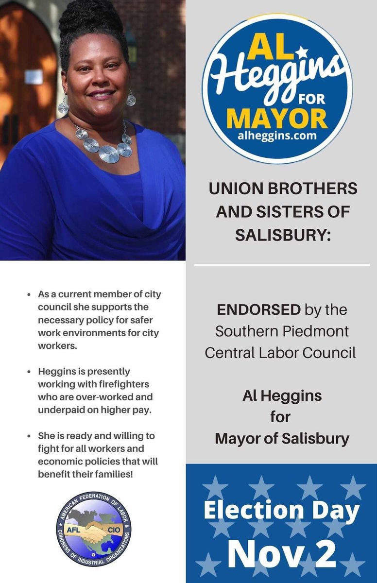 AlHegginsTYP's tweet photo. I support workers! Proud to share my endorsement from the Southern Piedmont Central Labor Council. I respectfully request your vote for Mayor. 

One-Stop Early Voting NOW thru Oct 30 
Weekdays 8am-7pm
Saturdays 8am-3pm
Sundays 1pm-5pm

#GoVote #SalisburyStrong #EverydayPeople https://t.co/XZ29huVUEi