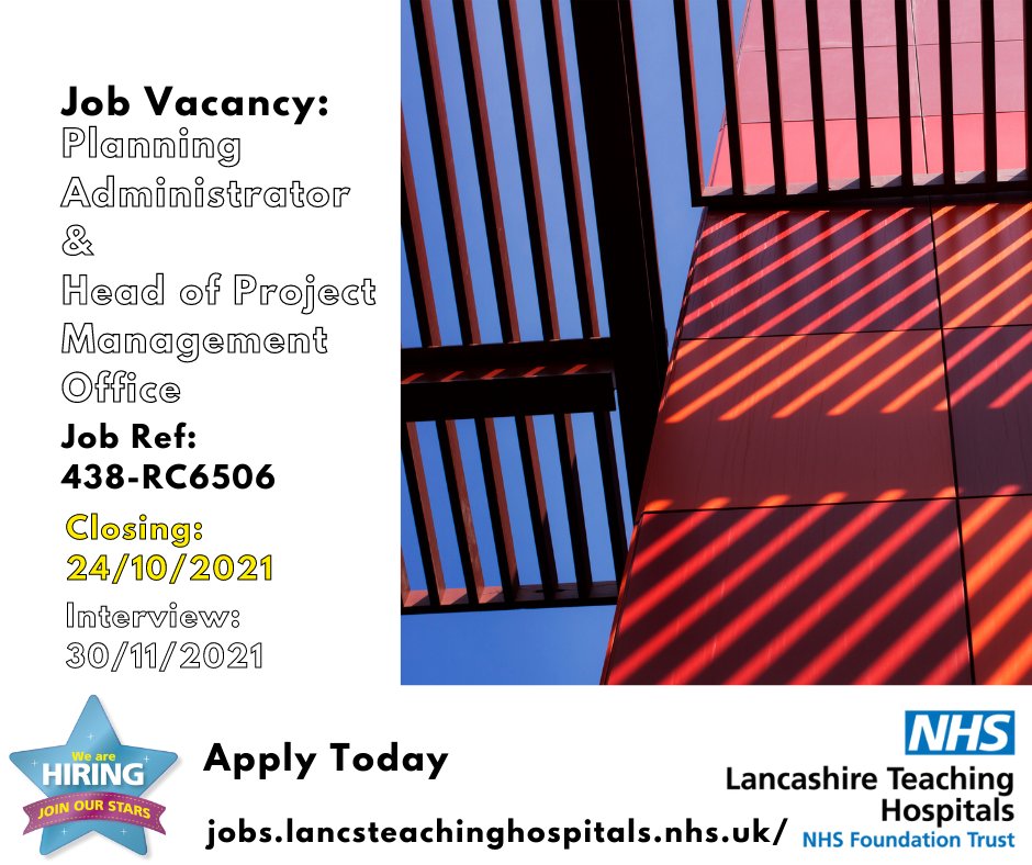 LancsHospJobs's tweet photo. Job Vacancy: #PlanningAdministrator and Head of #Project Management Office @LancsHospitals

Closing: 24/10/21

Apply here: https://t.co/9iwb1Y3MLq

#NHS #NHSJobs #Planning #Admin #Administrator #HeadOfProject #OfficeJobs #band6 #ProjectManagement #Lancashire #Chorley #Preston https://t.co/VJhUKpqv8K