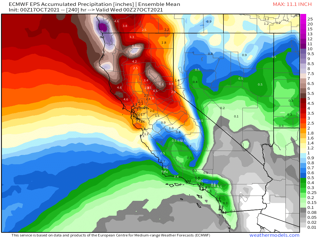 Model ensembles trending even wetter for NorCal between now &amp; end of Oct. I'm personally skeptical that *this* much will actually fall, but I'm increasingly convinced of significant rain/mountain snow that will likely be fire-season ending from about I-80 northward. #CAwx #CAfire