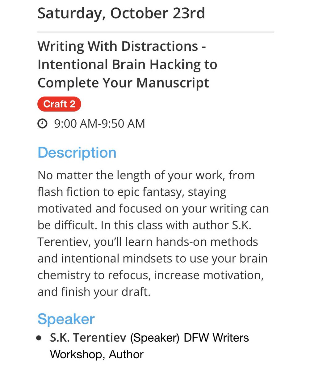 SKTerentiev's tweet image. #DFWCon is next weekend! Do you have your tickets? Are you excited? 
 
Join me Saturday to talk about hands on tips and tricks to stay motivated and focused on your manuscript. 
 
It’s online so grab a notebook, get comfy in some PJ pants, and have your coffee ready. Let’s go!