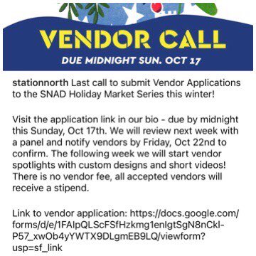 promiseheights's tweet photo. Calling all creative folks! @StationNorth is welcoming proposals to design a mural for $15,5K, plus vendors for the #SNAD Holiday Market.
The latter proposals are due TODAY, (& you have until 11/1 for the mural proposal.)
Pass the word! #stationnorth #artistopportunities https://t.co/61u9o5VdLs
