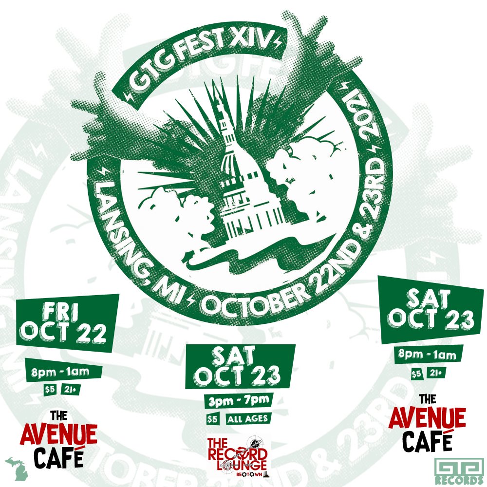 #gtgfest #gtgfest2021 #gtgfestxiv Lansing, MI indie-rock-punk festival Oct 22+23 <a href="/TheAvenueCafe1/">The Avenue Cafe</a> <a href="/therecordlounge/">The Record Lounge</a> #michiganmusic #lansingmusic
<a href="/theplurals/">Nicholas G. Plural</a> <a href="/jeremyporterMI/">Jeremy Porter</a> <a href="/totaldownerband/">Total Downer</a> @narcout <a href="/CityPulse/">City Pulse</a> <a href="/FBCircular/">FlatBlack&amp;Circul</a>  <a href="/517Living/">517 Living</a>  <a href="/lccradio/">LCC Radio 89.7 WLNZ</a> <a href="/WDBM/">Impact 89FM | WDBM-FM</a>  @Lansingmusicnow <a href="/LSJNews/">Lansing State Journal</a>